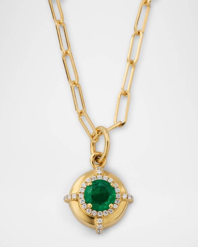 Limited Edition 18K Yellow Gold Faceted Round Emerald Medallion Pendant Necklace with Diamonds